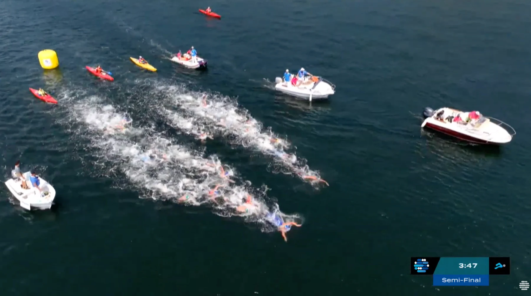 Two open-water race packs with a swimmer between them